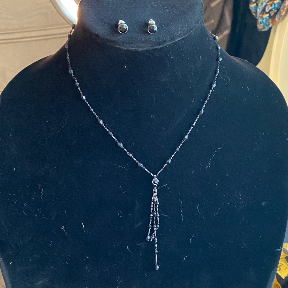 1928 Black Beaded Necklace with Earrings